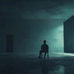 Obraz premium Individual seated in a dimly lit, minimalist room with textured walls creating an atmosphere of solitude