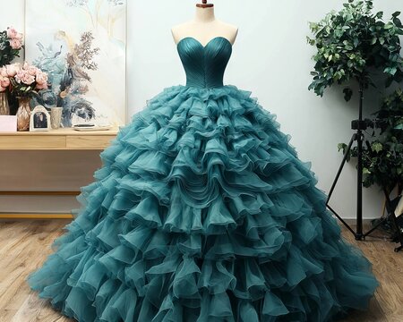 Teal Ball Gown on Mannequin, Elegant Formal Dress, Displayed in Studio