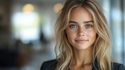 A radiant blonde woman in formal attire beams in this snapshot, showcasing her proficiency in business ideas against a blurred office backdrop.