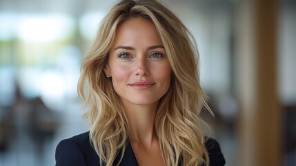 Fototapeta premium A radiant blonde woman in formal attire beams in this snapshot, showcasing her proficiency in business ideas against a blurred office backdrop.