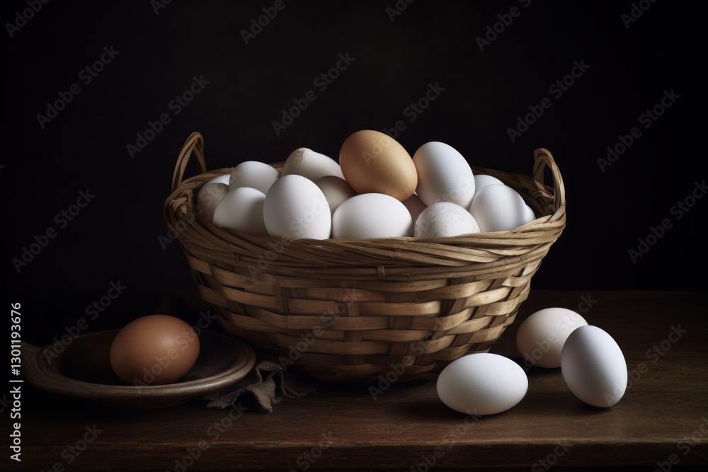 Aufkleber basket full of eggs is on a table. the basket is full of eggs, some of which are white and some are 