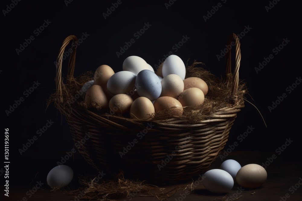 Poster basket full of eggs with some of them being white and some of them being brown. the basket is on a t