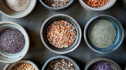 Variety of Colorful Grains and Seeds in Bowls Healthy Food Photography Organic Superfoods Nutrition Background Texture Image red diet shot grey vegan 