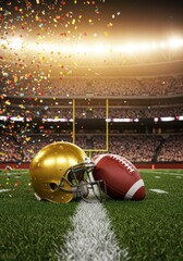 Golden football helmet, ball on the field, confetti in the air, moment of triumph, team celebrating victory
