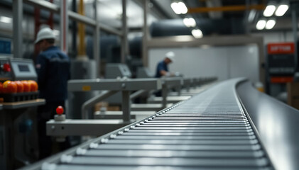 Conveyor belt system in factory with workers inspecting and processing goods in background