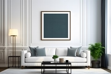 Modern living room with white sofa and blank poster frame mock up Scandinavia style. Mock up frames on the wall in a modern luxury minimalist living room with a white sofa