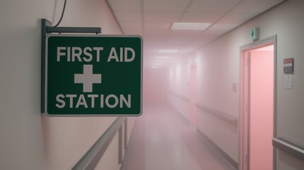 First Aid Station sign in hospital hallway. Assistance for injuries, medical care in emergencies.