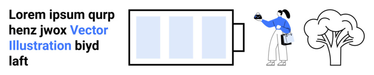 Woman plugging device into a large battery icon near a tree. Typography element. Ideal for sustainability, renewable energy, eco-technology, environment, conservation, energy storage, flat landing