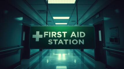 First aid station sign hangs above the hospital hallway, leading to medical assistance and care.