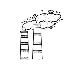 Industrial smokestacks emitting thick clouds of smoke, hand-drawn environmental air pollution.