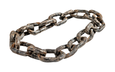 Weathered metal chain lying on a white background, conveying themes of strength and resilience without any rust, cut out