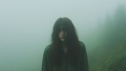 Fototapeta premium Mysterious Woman in Foggy Green Forest