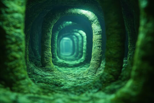 Mysterious Glowing Underwater Tunnel with Green Mossy Walls