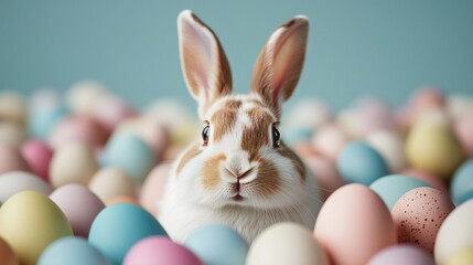 Easter Holiday, Easter Concept, Adorable Easter Bunny Surrounded by Pastel Easter Eggs