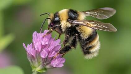 Close-up of a Bumblebee Collecting Nectar from a Purple Clover Flower in a Lush Green Garden Setting During Spring Season