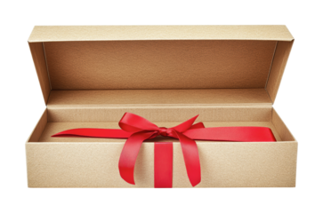 Gift box with red ribbon ready for special occasion or holiday celebration and designed for wrapping presents and surprises, cut out