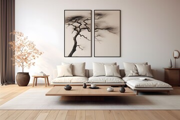 Modern interior design living room with sofa and blank poster frame. living room with picture frame mock up. 