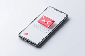Fototapeta premium Minimalist smartphone with red 3D email icon, digital communication concept on white background, mobile marketing and newsletter notification