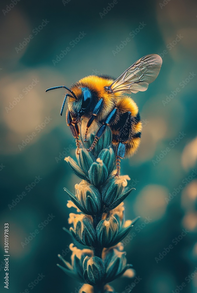 Poster close-up of a bumblebee collecting nectar from a vibrant flower in a soft focus background with gree