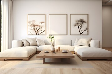 Fototapeta premium Modern interior design living room with sofa and blank poster frame. living room with picture frame mock up. 