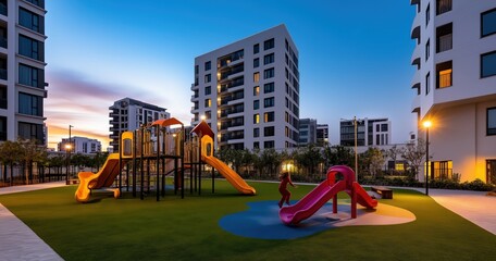 Evening playtime at modern apartment playground urban area outdoor scene vibrant environment captured perspective