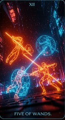 Obraz premium Neon-Laced Five of Wands Tarot Card - Digital Figures Engaged in a Struggle