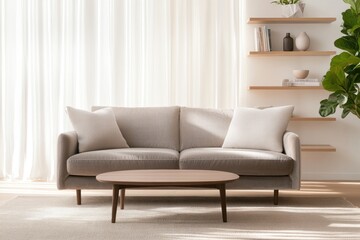 cozy modern living room setup with sleek velvet sofa plush pillows and minimalistic coffee table with copy space
