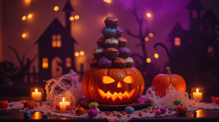 Obraz premium spooky Halloween scene featuring carved pumpkin with cupcakes on top, surrounded by candles and decorations