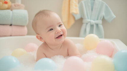 joyful baby enjoying bubble bath surrounded by colorful balls