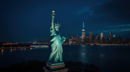 iconic statue stands tall against New York skyline at night, illuminating harbor with its torch