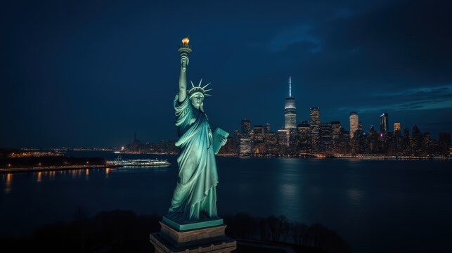 iconic statue stands tall against New York skyline at night, illuminating harbor with its torch