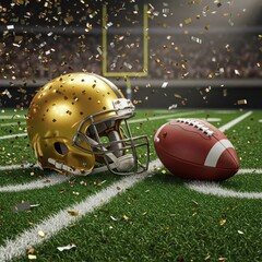 Golden football helmet, ball on the field, confetti in the air, moment of triumph, team celebrating victory