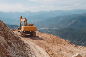 Obraz premium Heavy equipment working on mountain terrain, shaping the landscape amidst scenic views. Excavator in construction or mining site.
