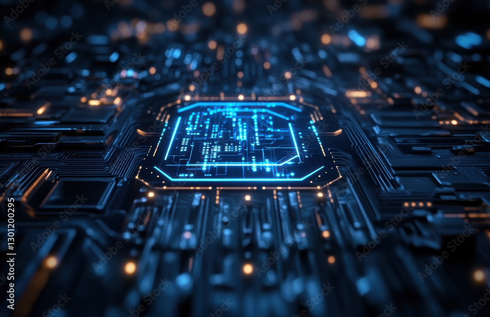 Poster the holographic display illustrates complex ai systems with illuminated circuits and a dark backgrou