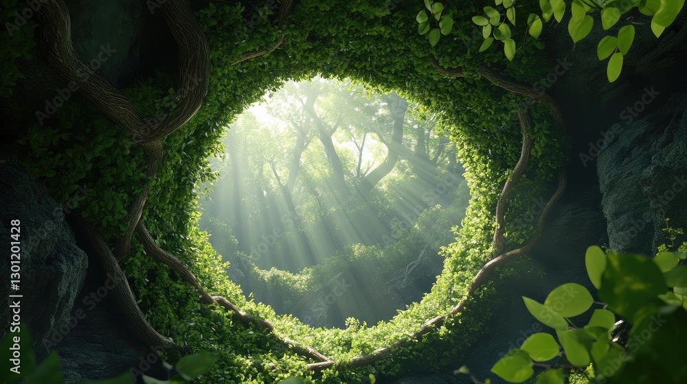 Poster a magical spiral of tree branches with kaleidoscopic light rays filtering through the lush green lea