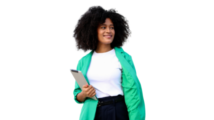 Smiling businesswoman holding tablet and looking away on transparent background