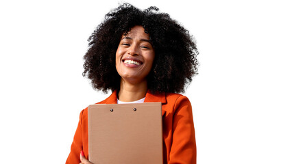 Smiling businesswoman holding clipboard with transparent background