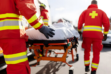 Naklejka premium Emergency Responders Transporting Patient: Paramedics rush a patient on a stretcher to the ambulance, ensuring swift medical attention in a time-sensitive situation.