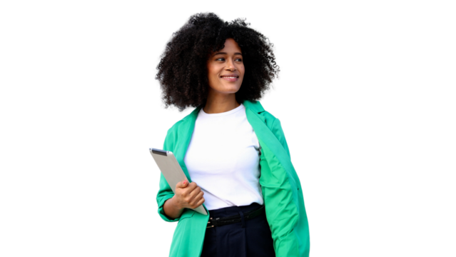 Smiling businesswoman holding tablet and looking away on transparent background