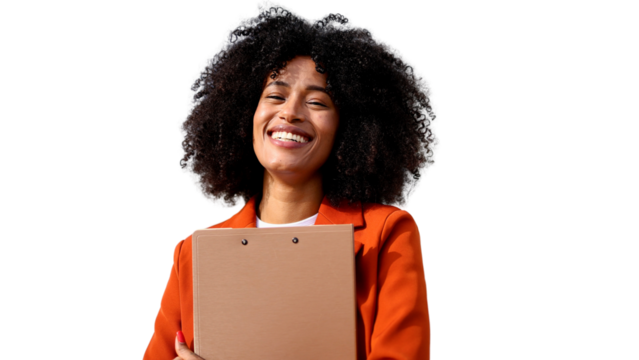 Smiling businesswoman holding clipboard with transparent background