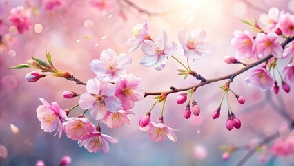 Fototapeta premium Delicate Pink Blossoms on a Branch, Gently Swaying in a Soft Spring Breeze, Petals Falling Gracefully