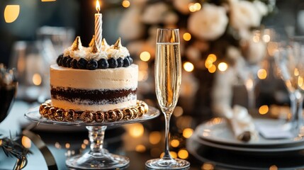 A birthday cake with a single lit candle and a glass of champagne on a table setting with a bokeh background.