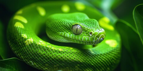 Fototapeta premium A close-up view of a striking green snake blending with lush leaves in a tropical setting.