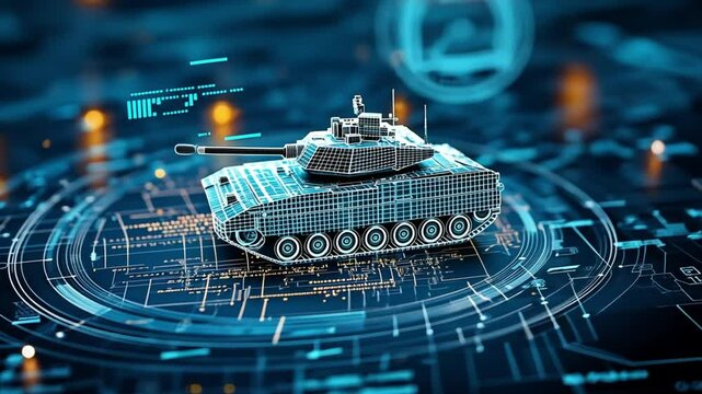 A high-tech armored tank with a glowing digital interface and futuristic holographic display represents modern military innovation. Concept of advanced defense systems, artificial intelligence, and cy - Powered by Adobe