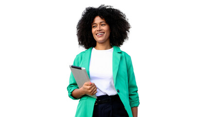 Smiling young manager holding tablet on transparent background