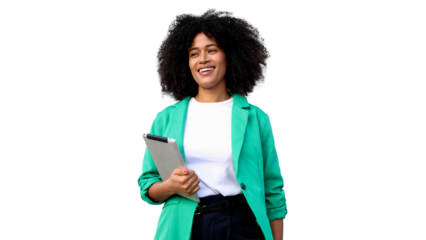 Smiling young manager holding tablet on transparent background