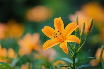 Obraz premium A bright orange lily flower stands out in a lush garden, showcasing its beauty and life.