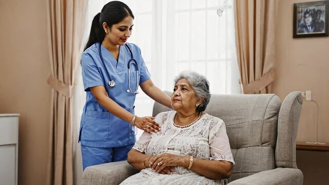 A caring young Indian nurse in blue scrubs gently comforts an elderly Indian woman sitting in a cozy living room. Concept of healthcare support, elderly home nursing, and professional nursing.