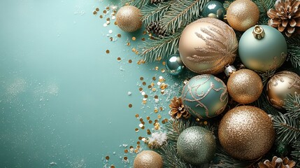 set of lavish baubles and sparkling gold sequins on a mint green surface provide an open area for personalized messages or advertisements in this overhead vertical image, capturing the sleek holiday 