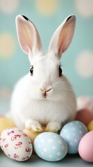 Easter Holiday, Easter Concept, Adorable White Easter Bunny with Pastel Decorated Eggs